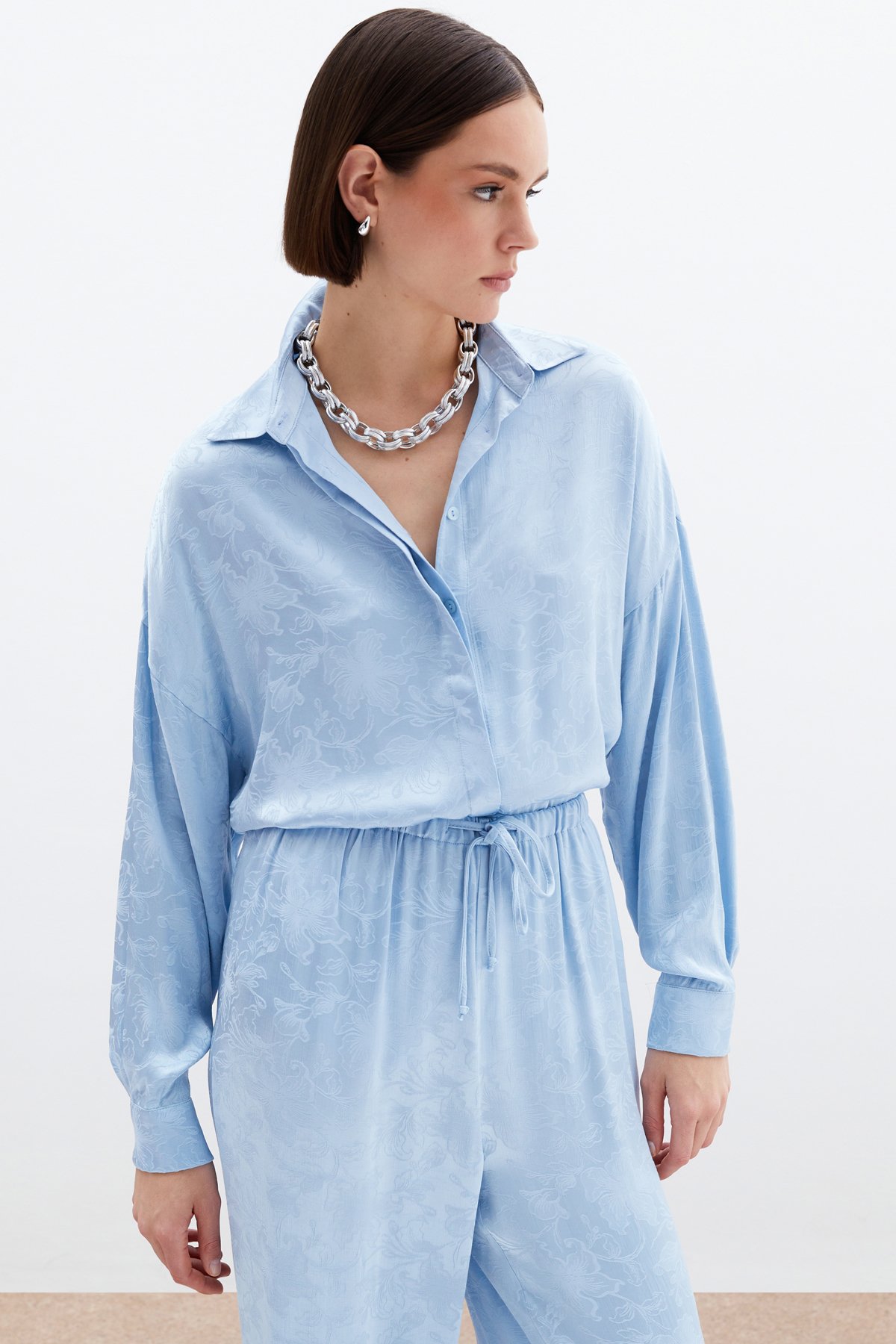 Jakarlı Saten Gömlek - Bebe Mavi