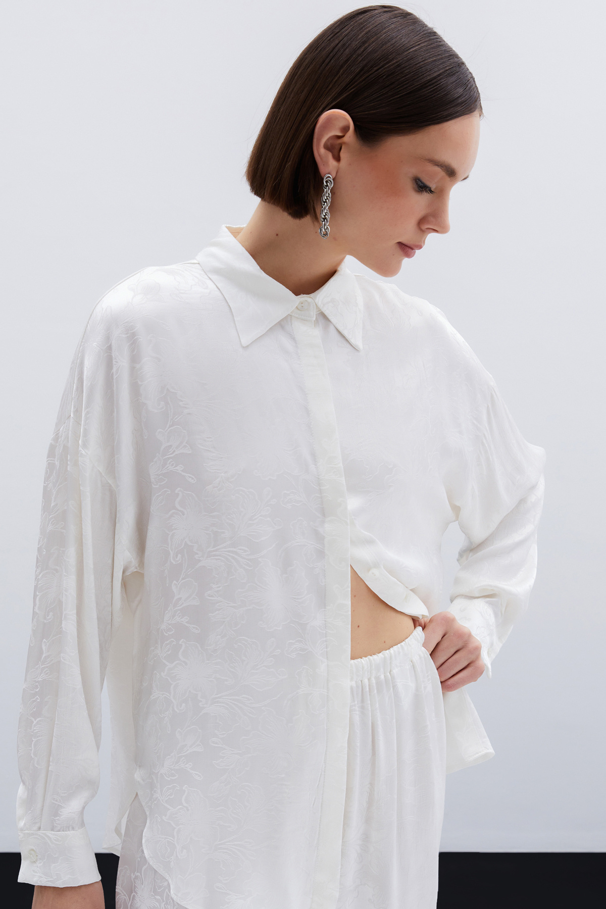 Jakarlı Saten Gömlek - Ekru