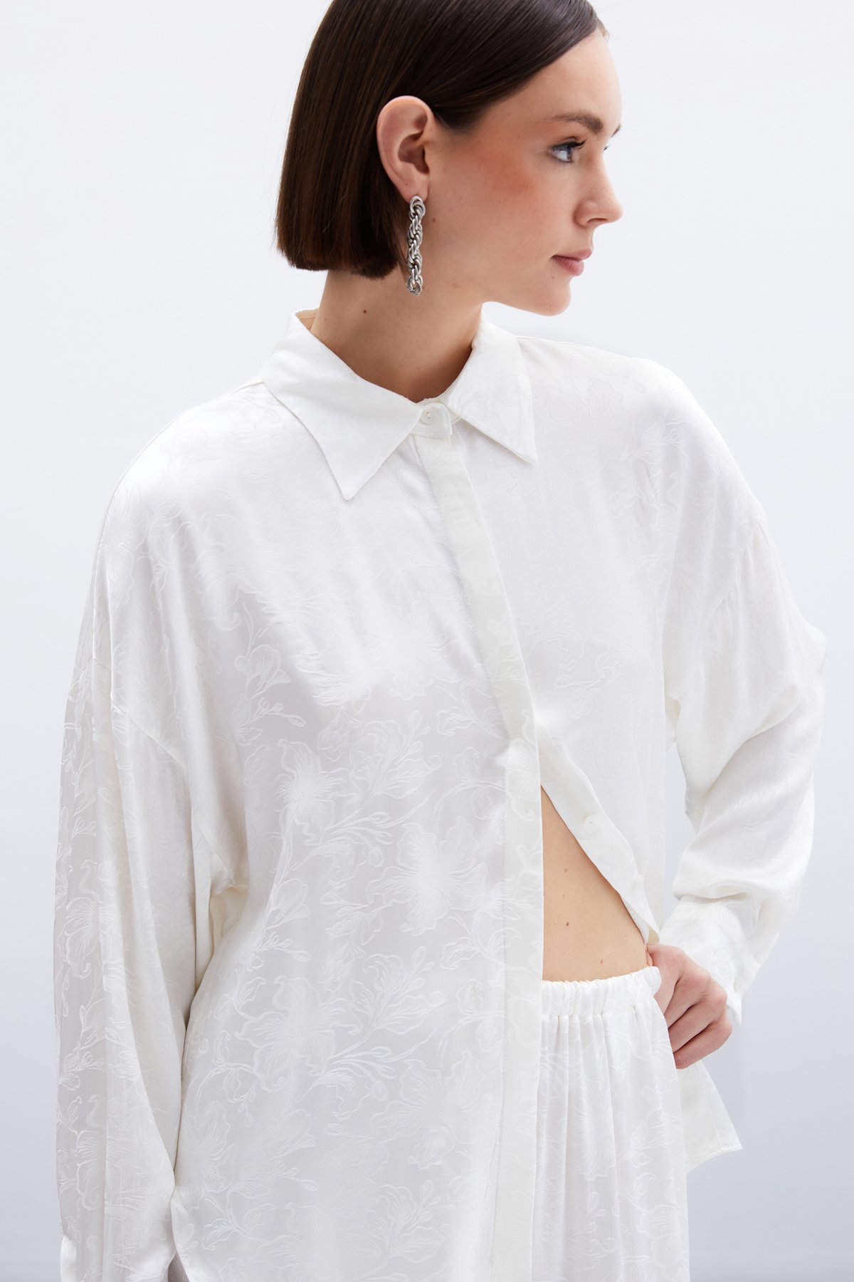 Jakarlı Saten Gömlek - Ekru