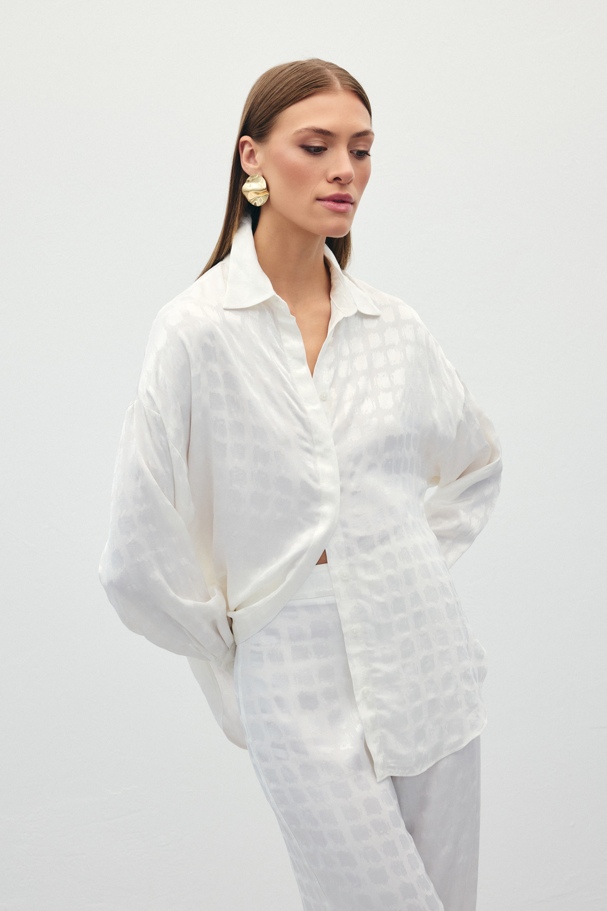 Jakarlı Saten Gömlek - Ekru