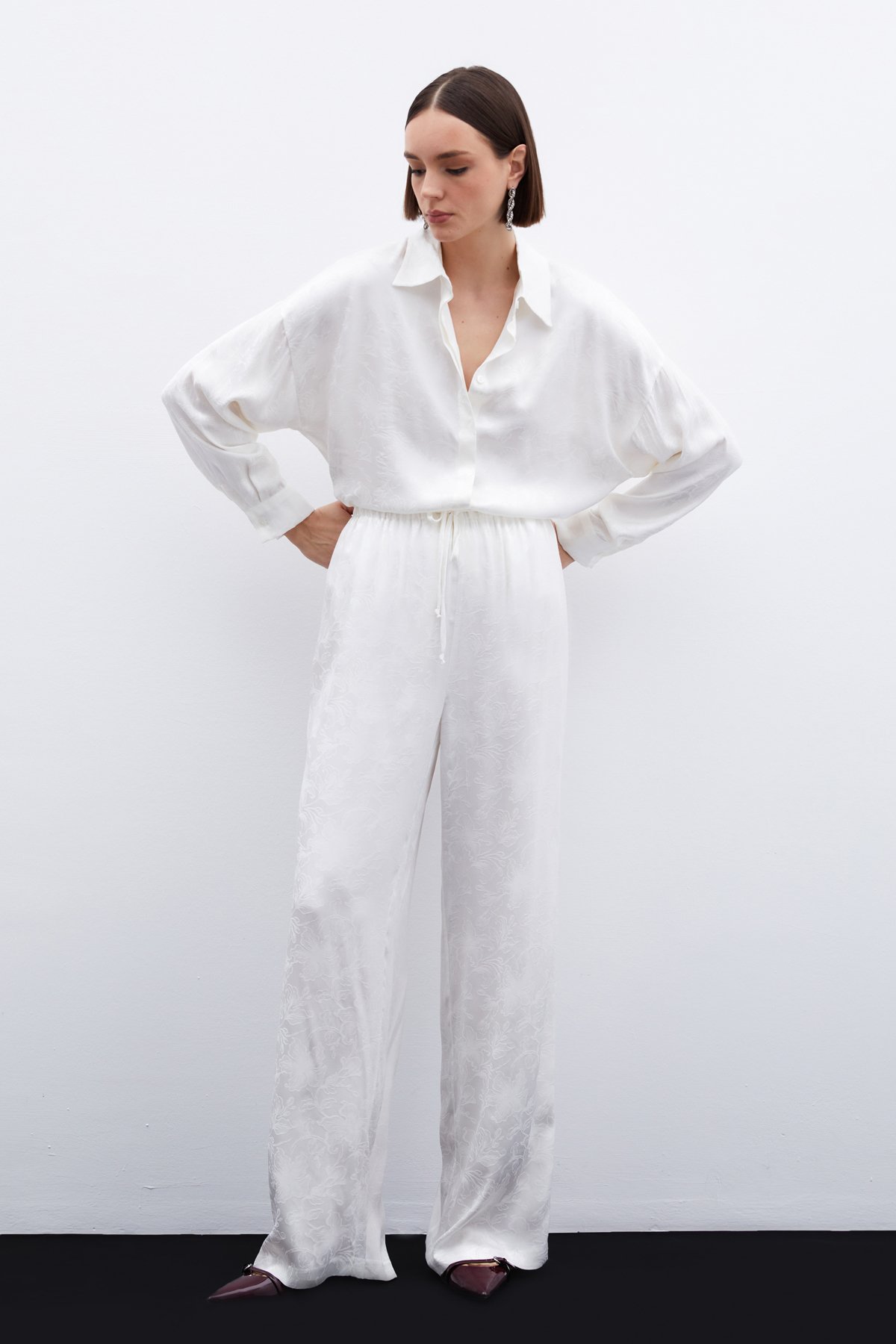 Jakarlı Saten Gömlek - Ekru