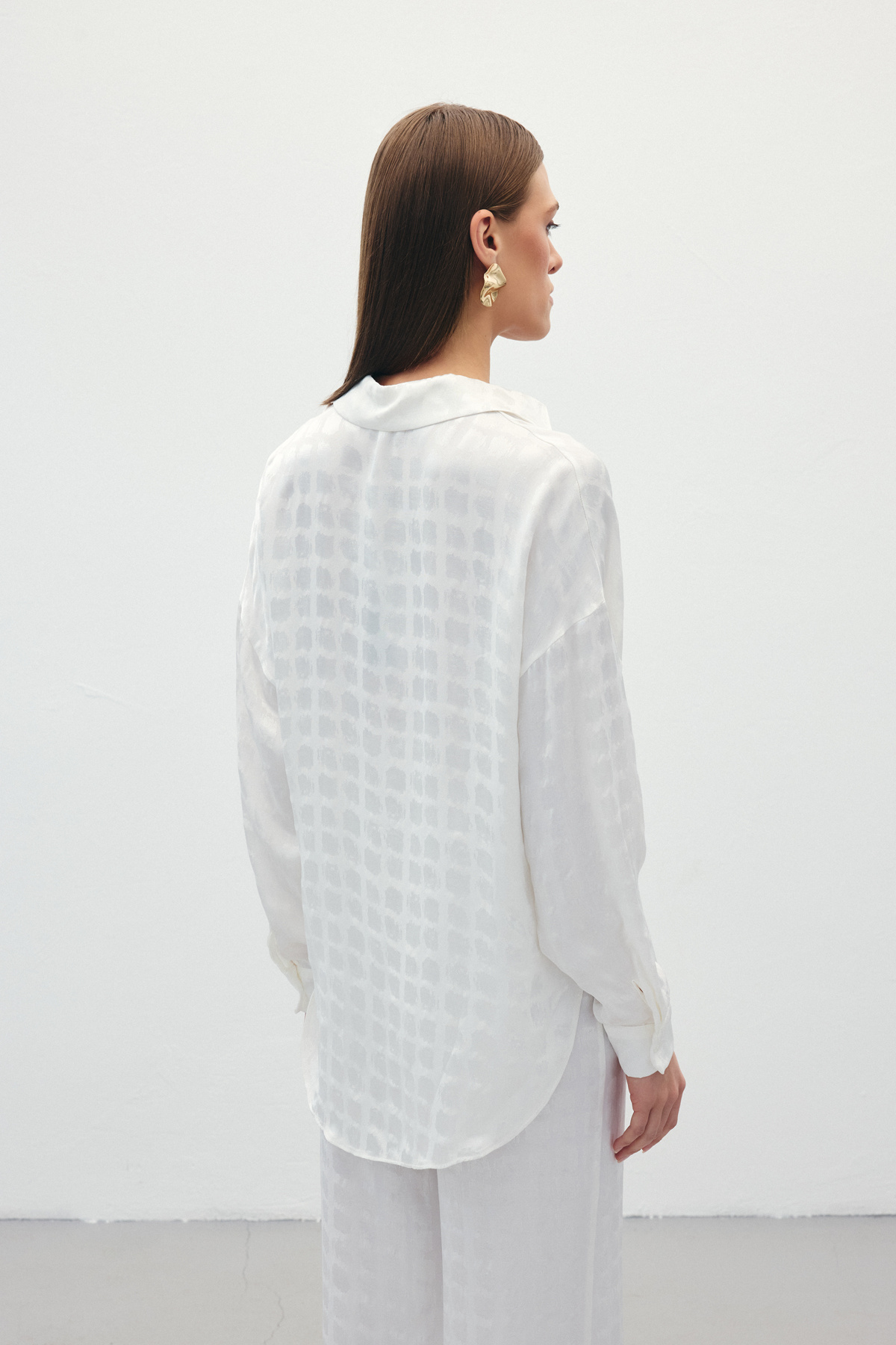 Jakarlı Saten Gömlek - Ekru