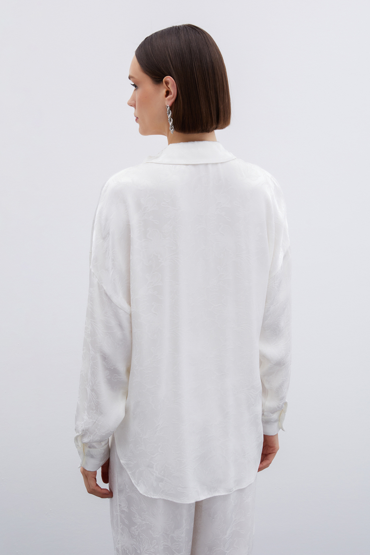 Jakarlı Saten Gömlek - Ekru