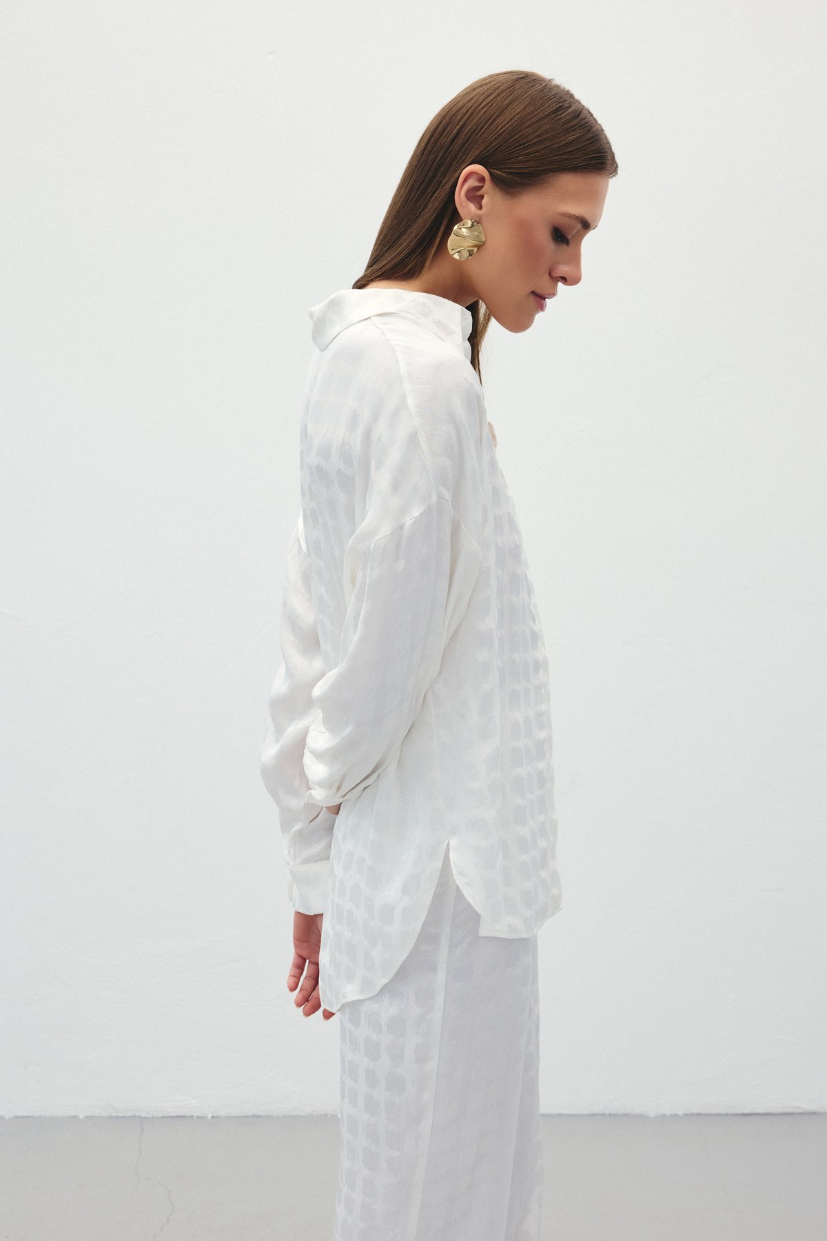 Jakarlı Saten Gömlek - Ekru