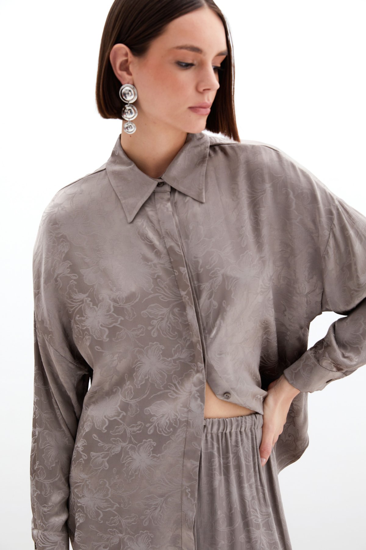 Jakarlı Saten Gömlek - Vizon