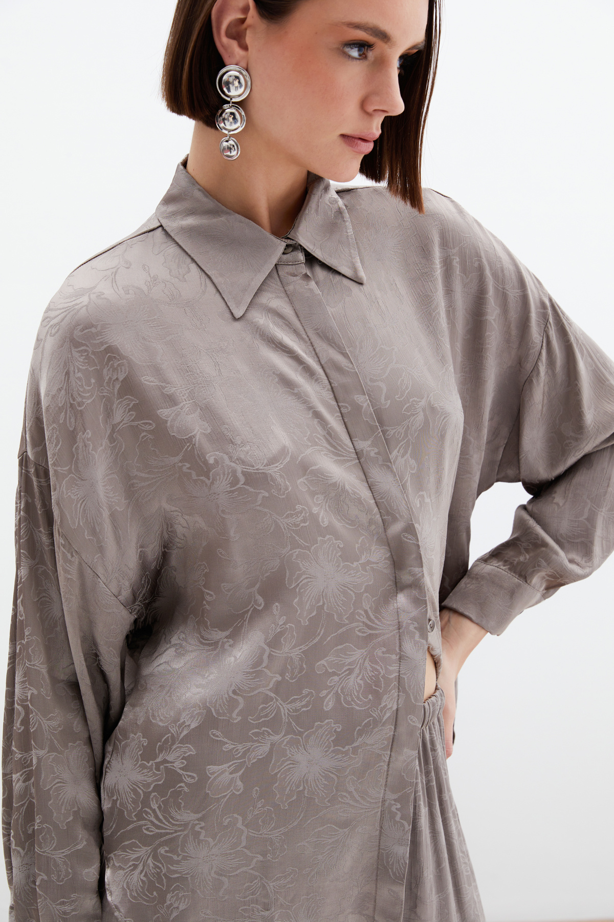 Jakarlı Saten Gömlek - Vizon