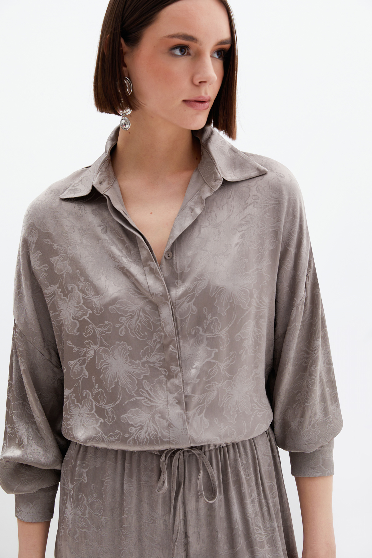 Jakarlı Saten Gömlek - Vizon