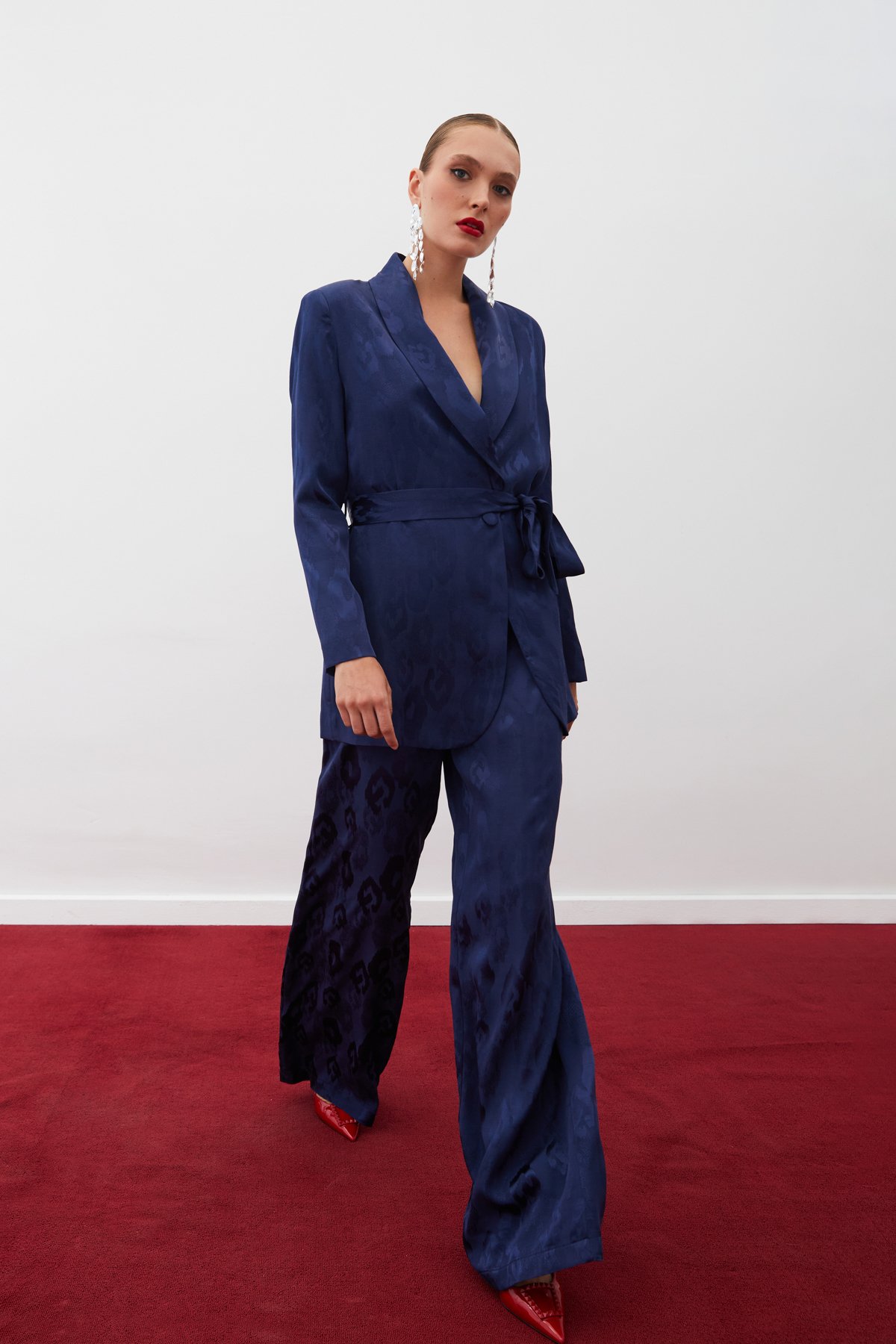 Jakarlı Saten Pantolon - LACİVERT