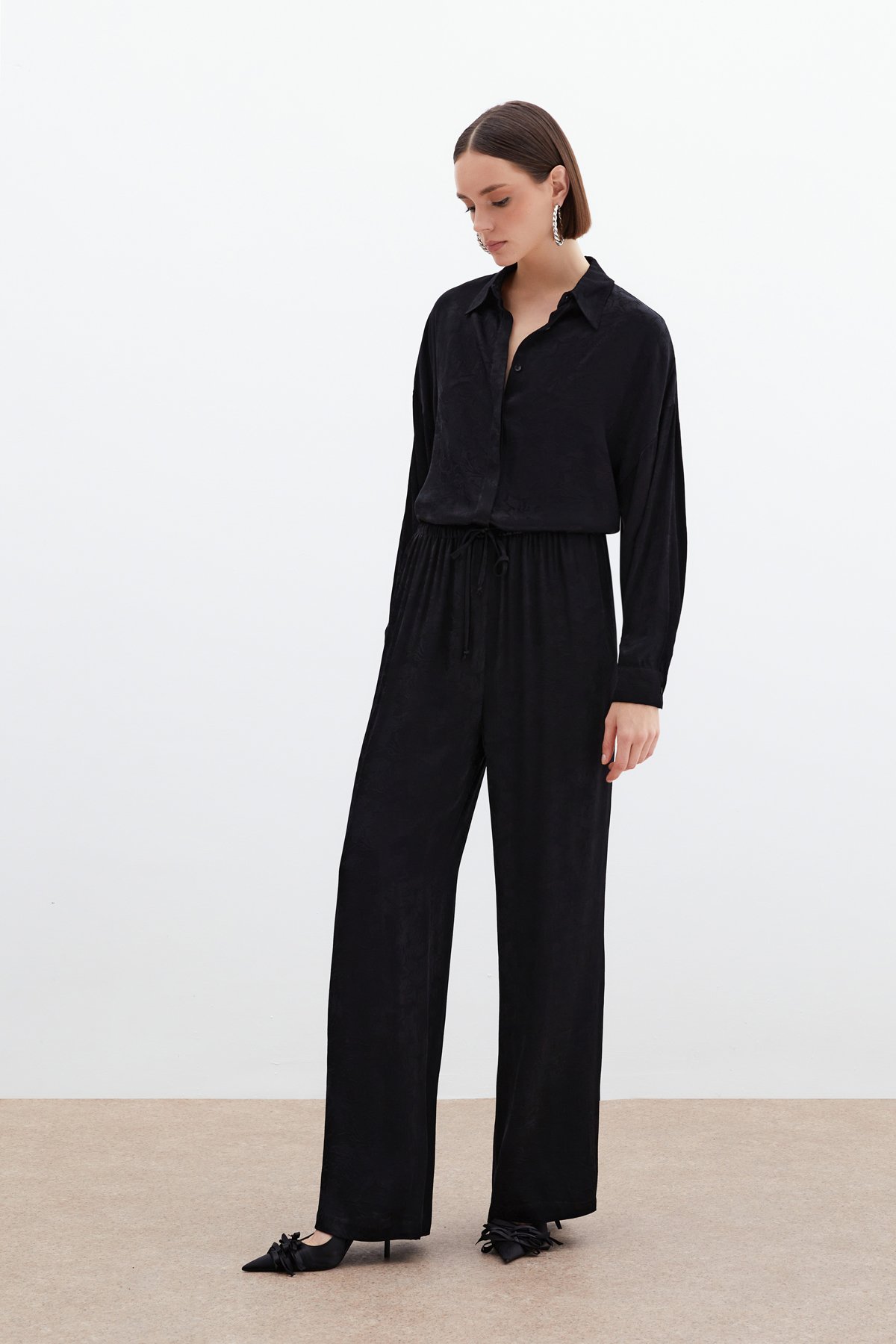 Jakarlı Saten Pantolon - Siyah