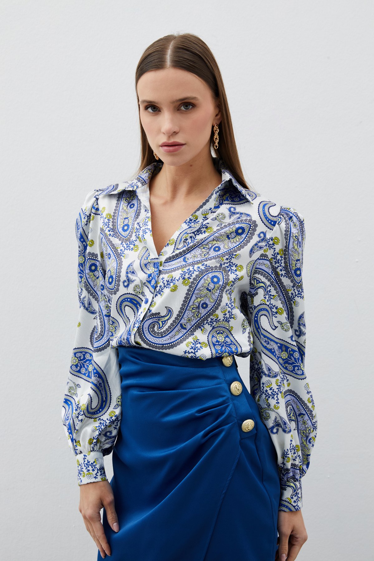 Kabarık Kol Desenli Gömlek - SAX MAVİ