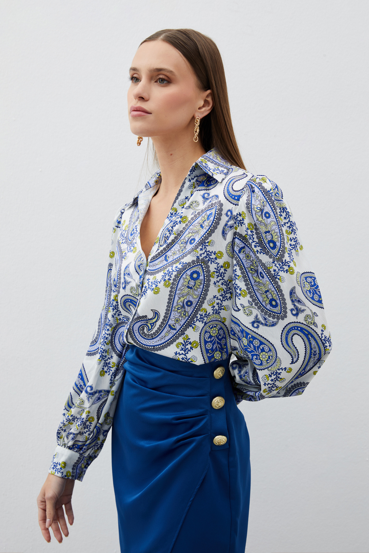 Kabarık Kol Desenli Gömlek - SAX MAVİ