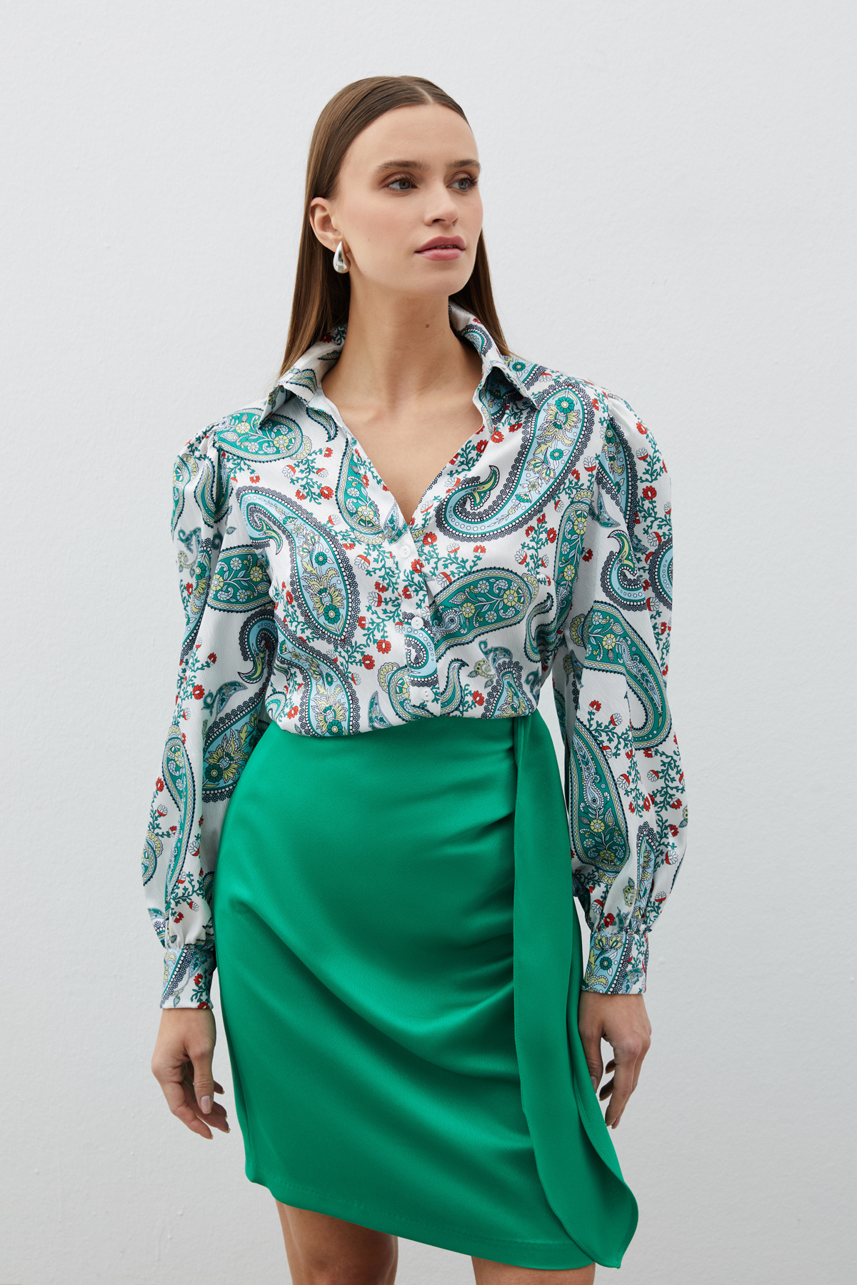 Kabarık Kol Desenli Gömlek - YEŞİL