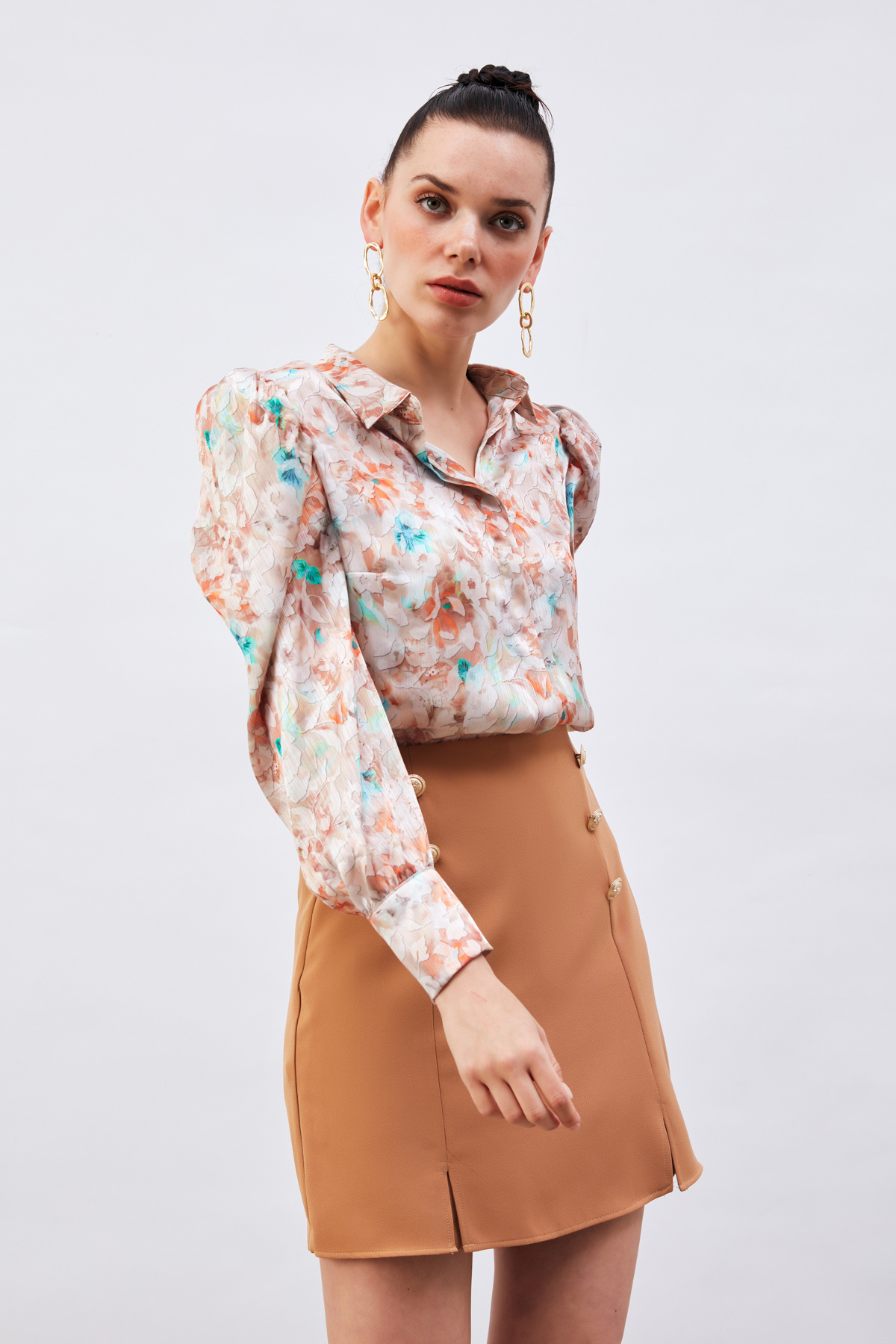 Kabarık Kollu Gömlek - KAHVE