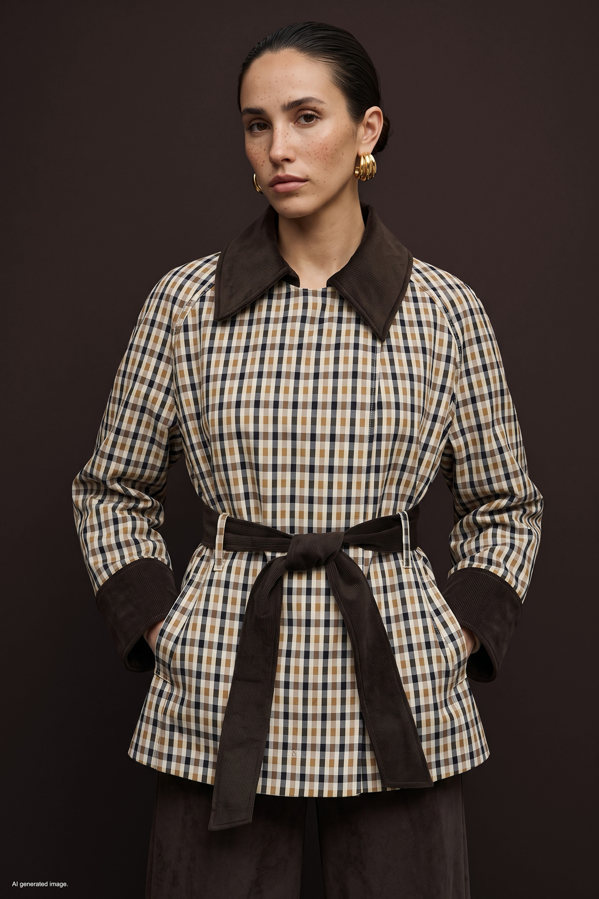 Plaid Jacket with Velvet Detail - Beıge