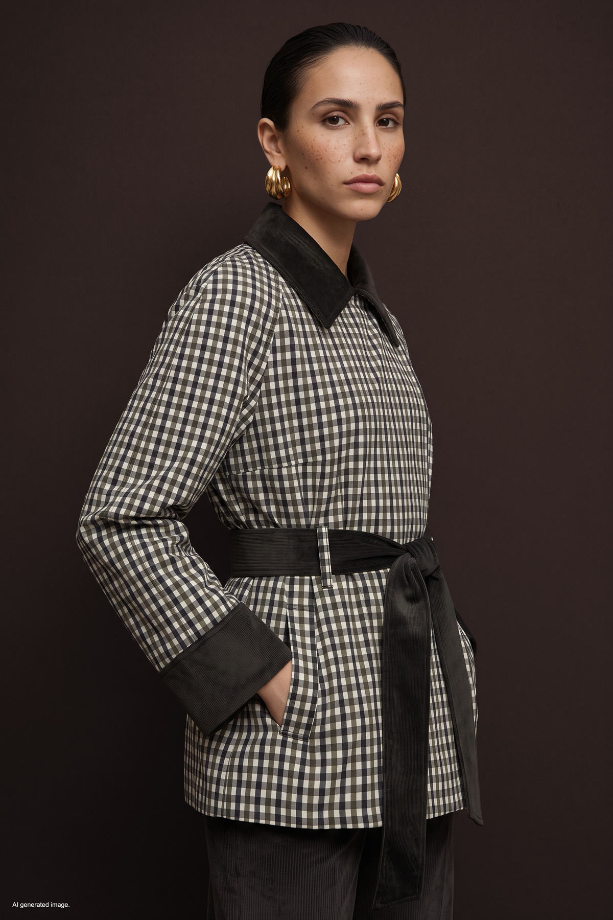 Plaid Jacket with Velvet Detail - Brown