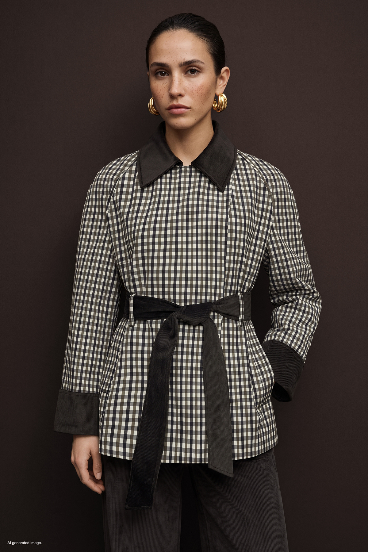 Plaid Jacket with Velvet Detail - Brown