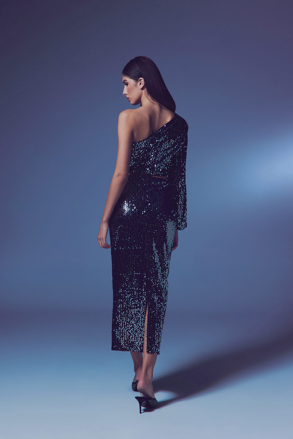 Kadife Payetli Midi Etek - Gümüş