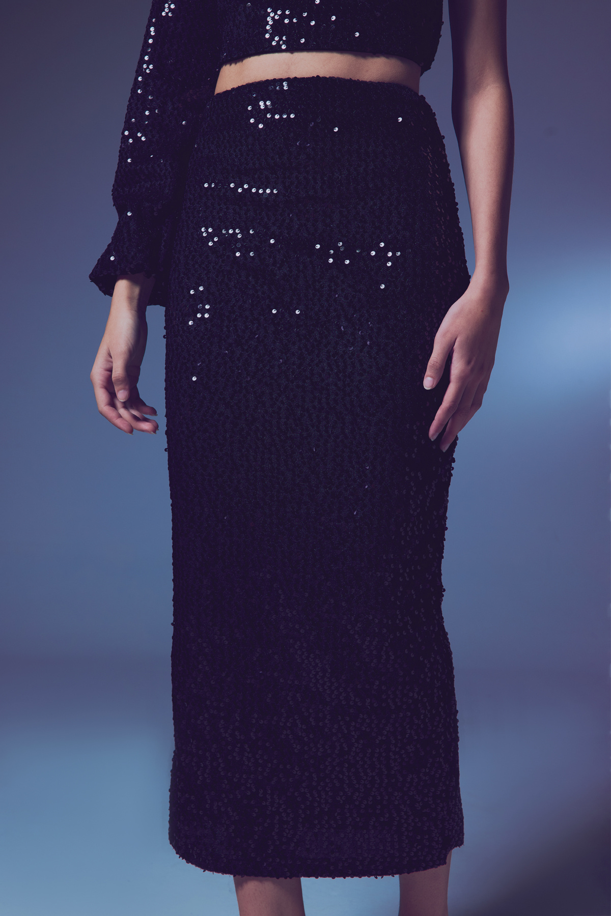 Kadife Payetli Midi Etek - Siyah