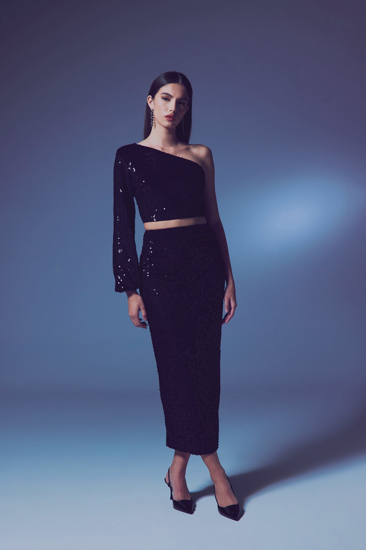 Kadife Payetli Midi Etek - Siyah