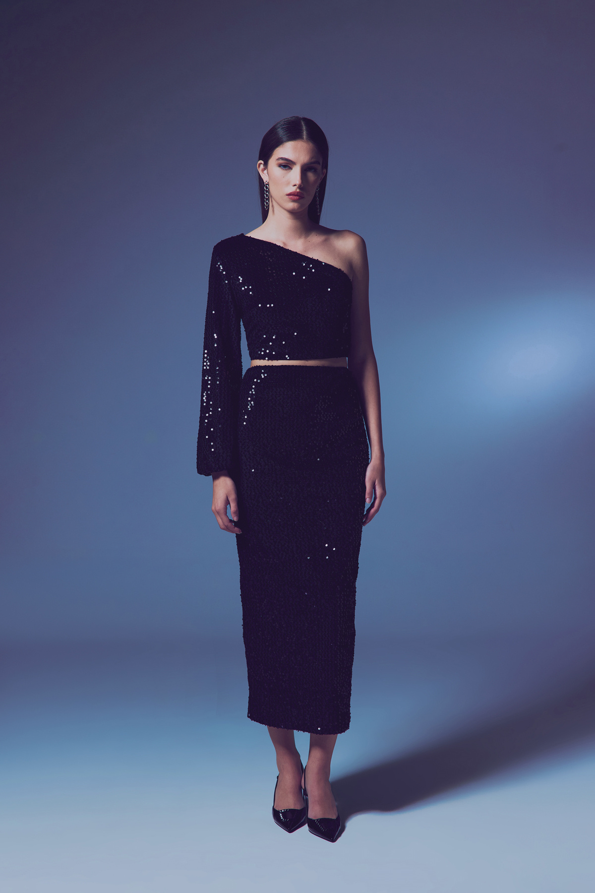 Kadife Payetli Midi Etek - Siyah