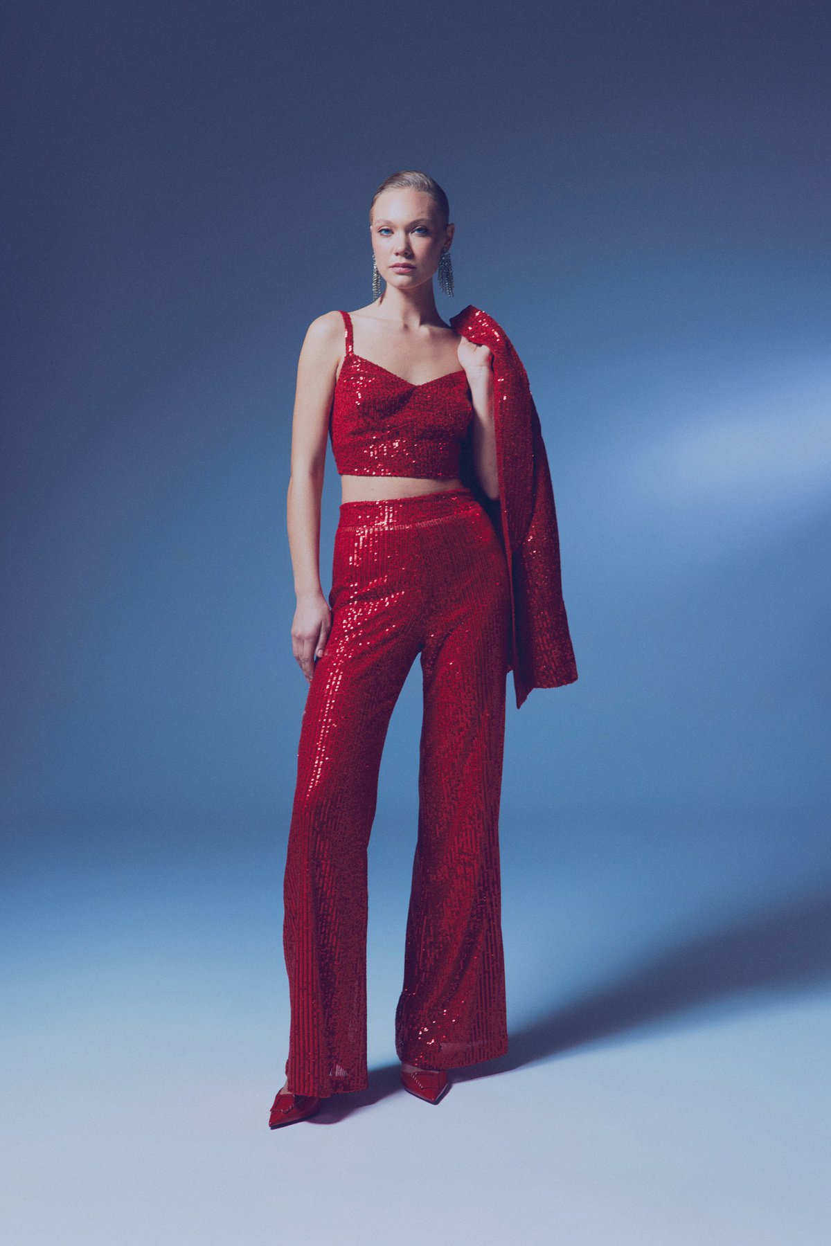 Kalın Askılı Payet Crop - KIRMIZI