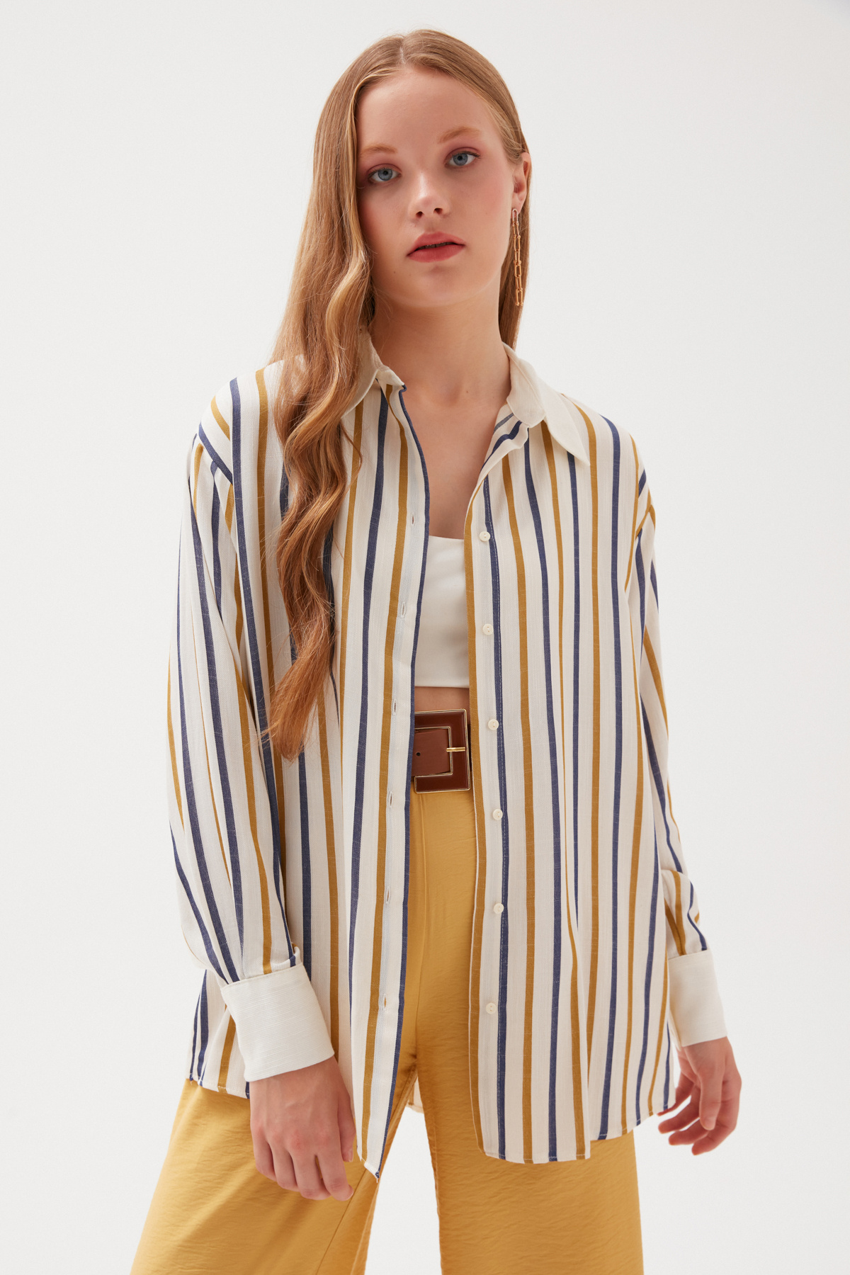 Thick Striped Long Loose Shirt - MUSTARD
