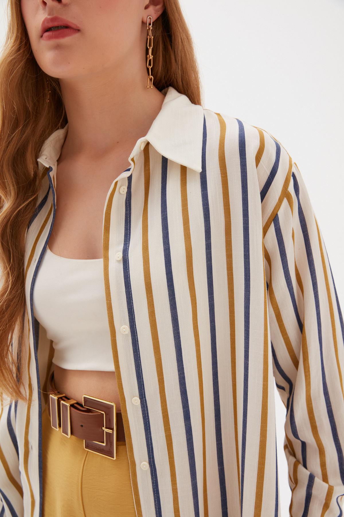 Thick Striped Long Loose Shirt - MUSTARD