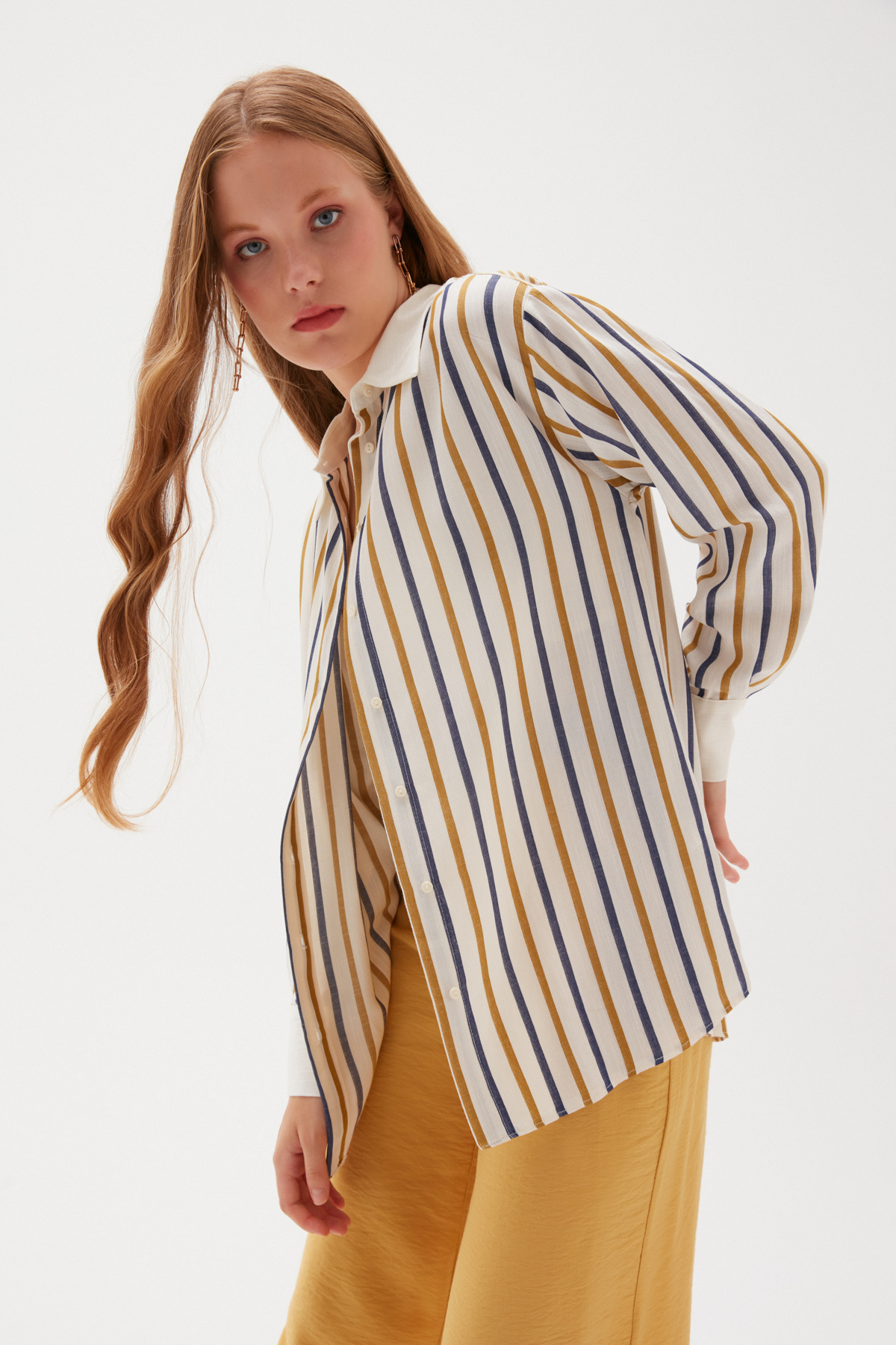 Thick Striped Long Loose Shirt - MUSTARD