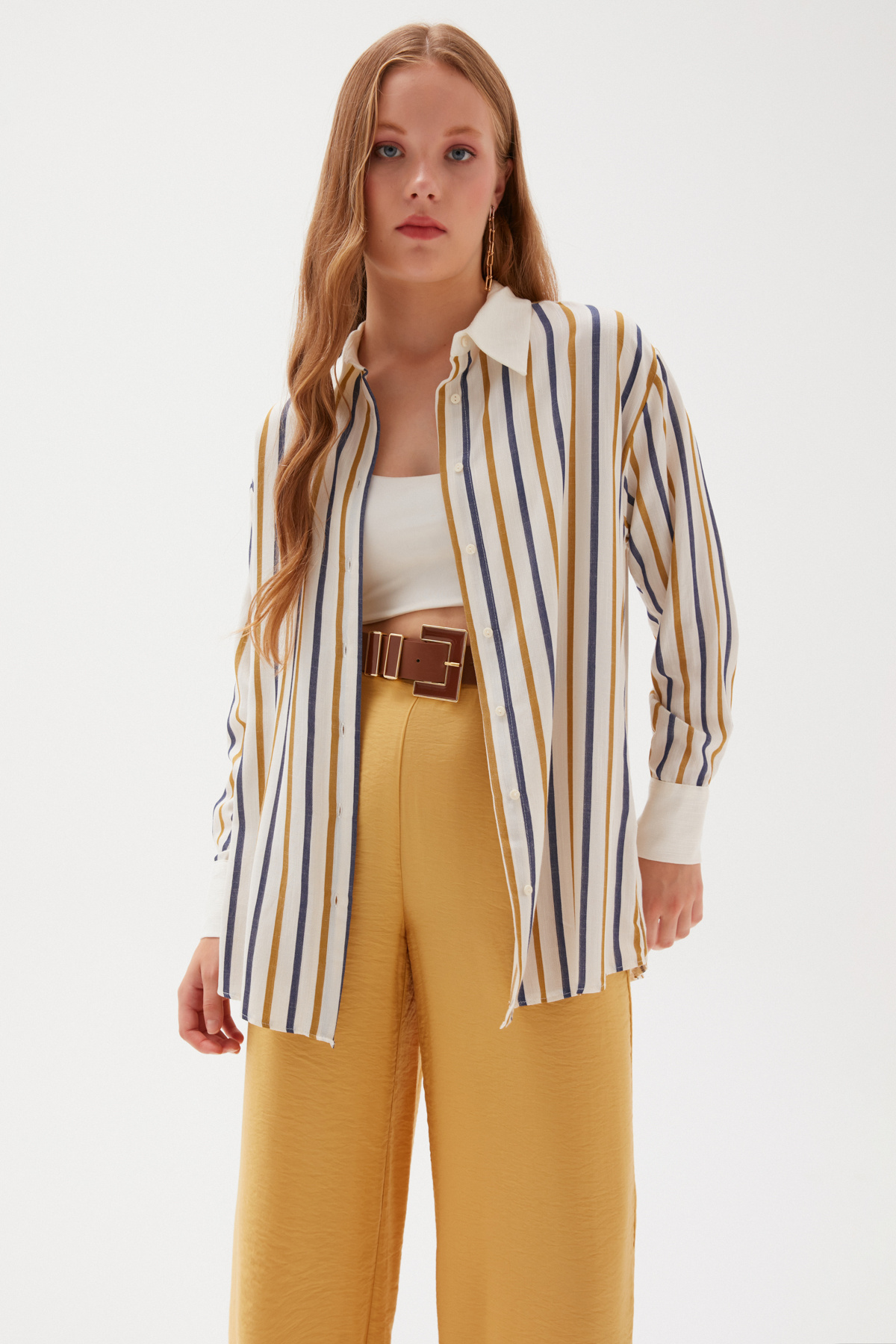Thick Striped Long Loose Shirt - MUSTARD