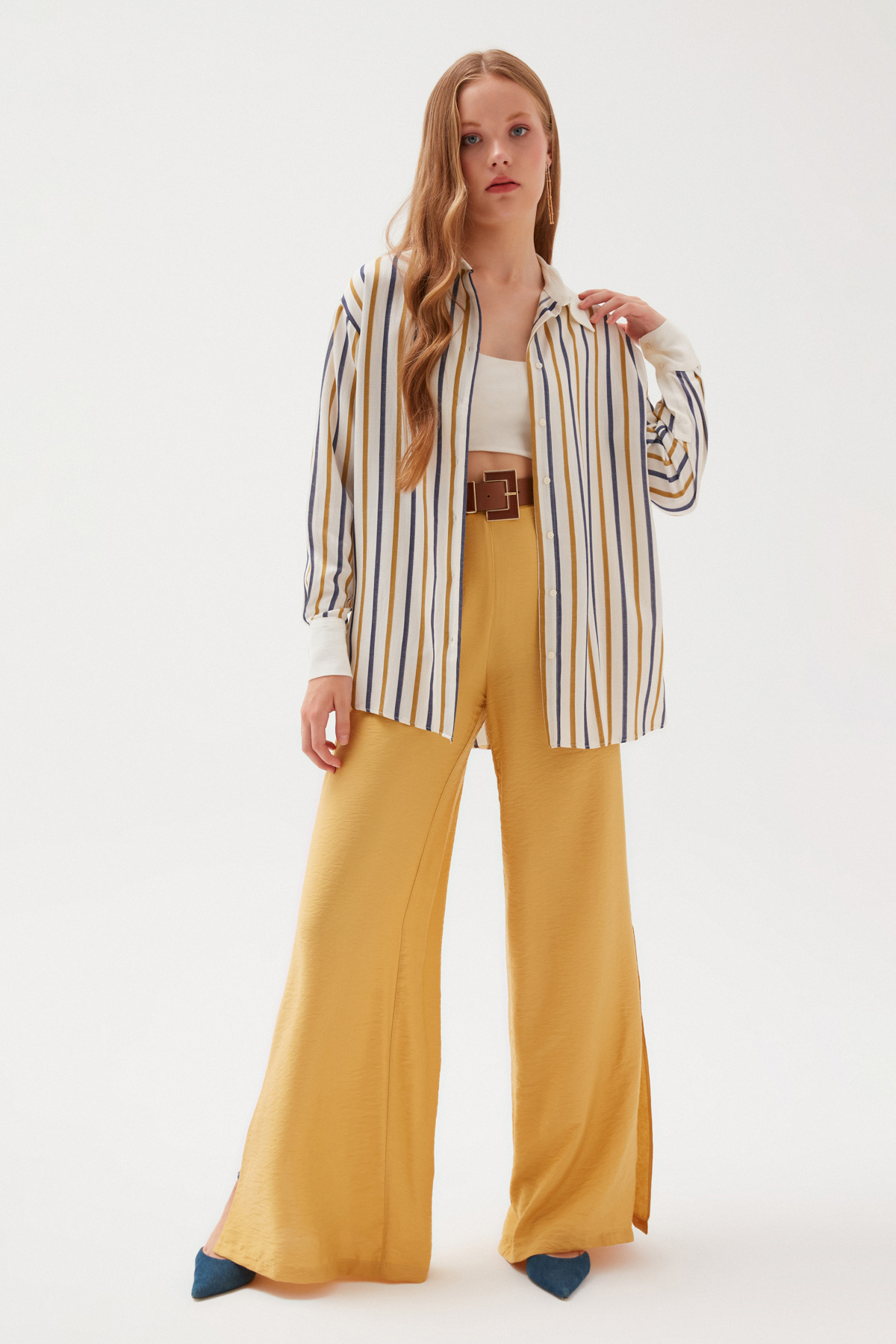 Thick Striped Long Loose Shirt - MUSTARD