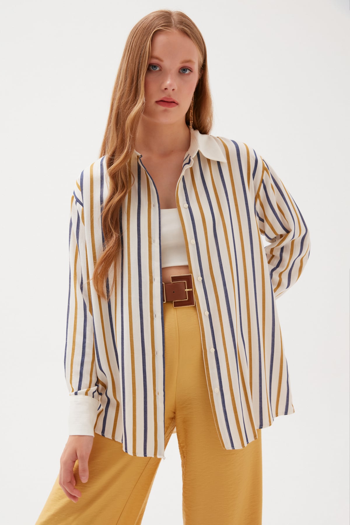 Thick Striped Long Loose Shirt - MUSTARD