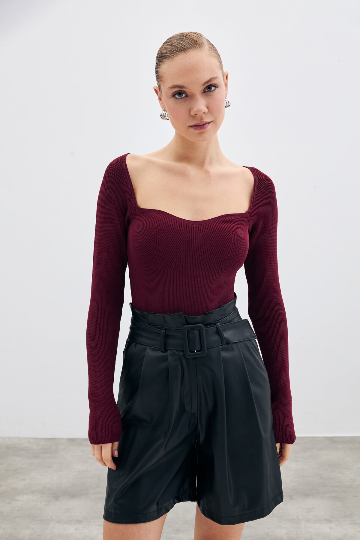 Kalp Yaka Triko Bluz - Bordo