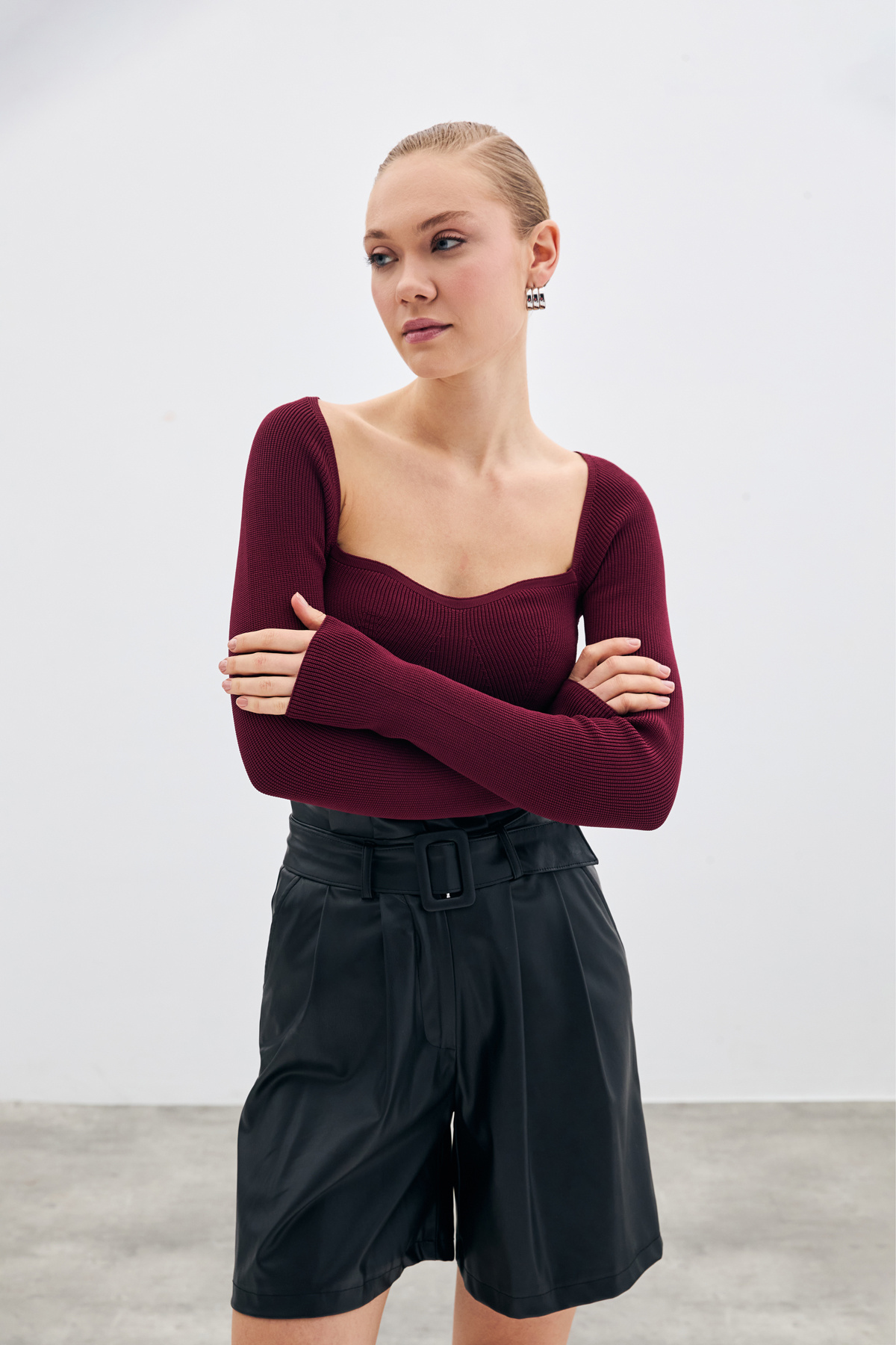 Kalp Yaka Triko Bluz - Bordo