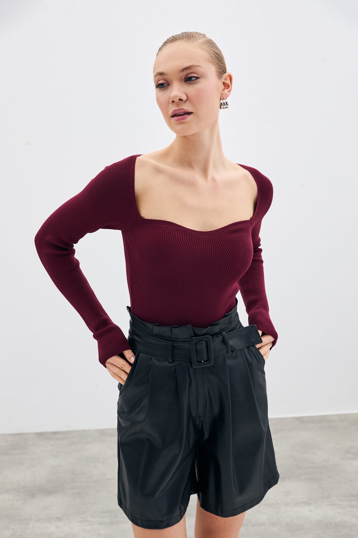 Kalp Yaka Triko Bluz - Bordo