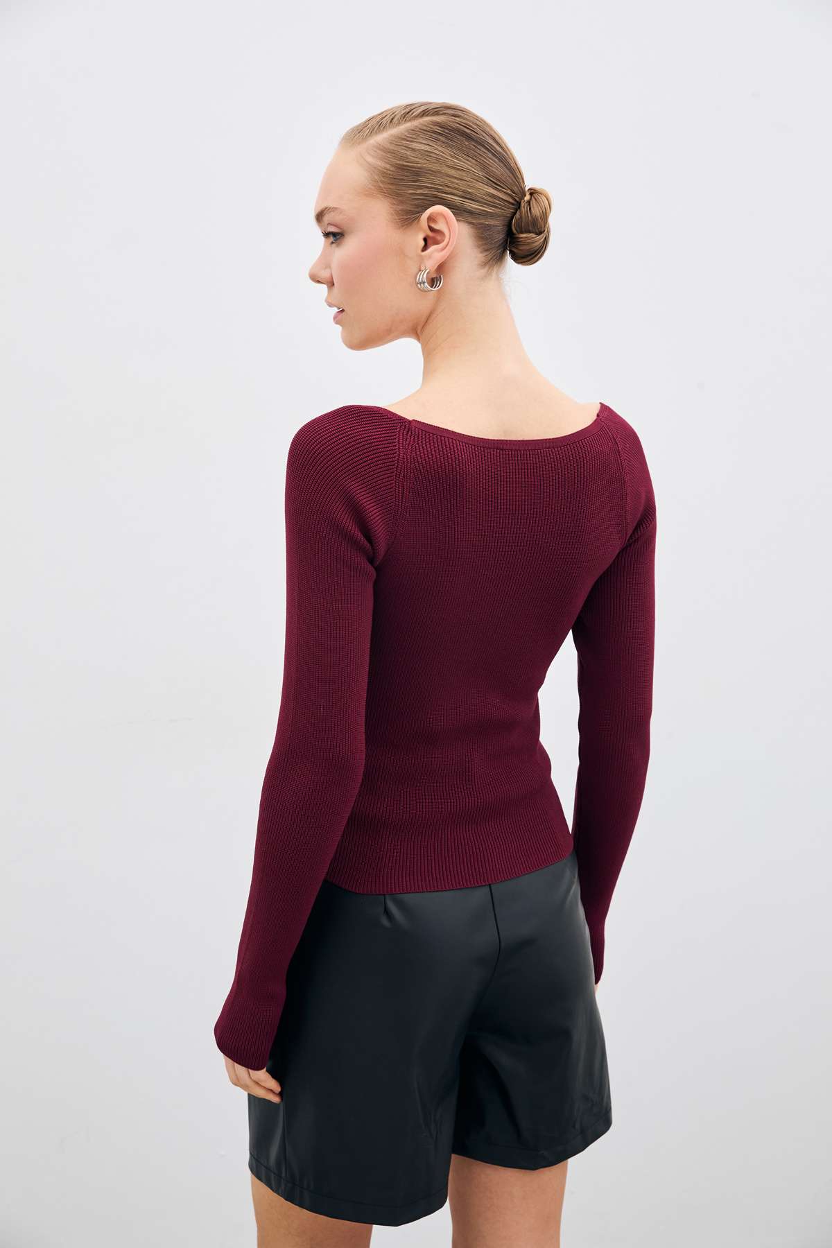 Kalp Yaka Triko Bluz - Bordo