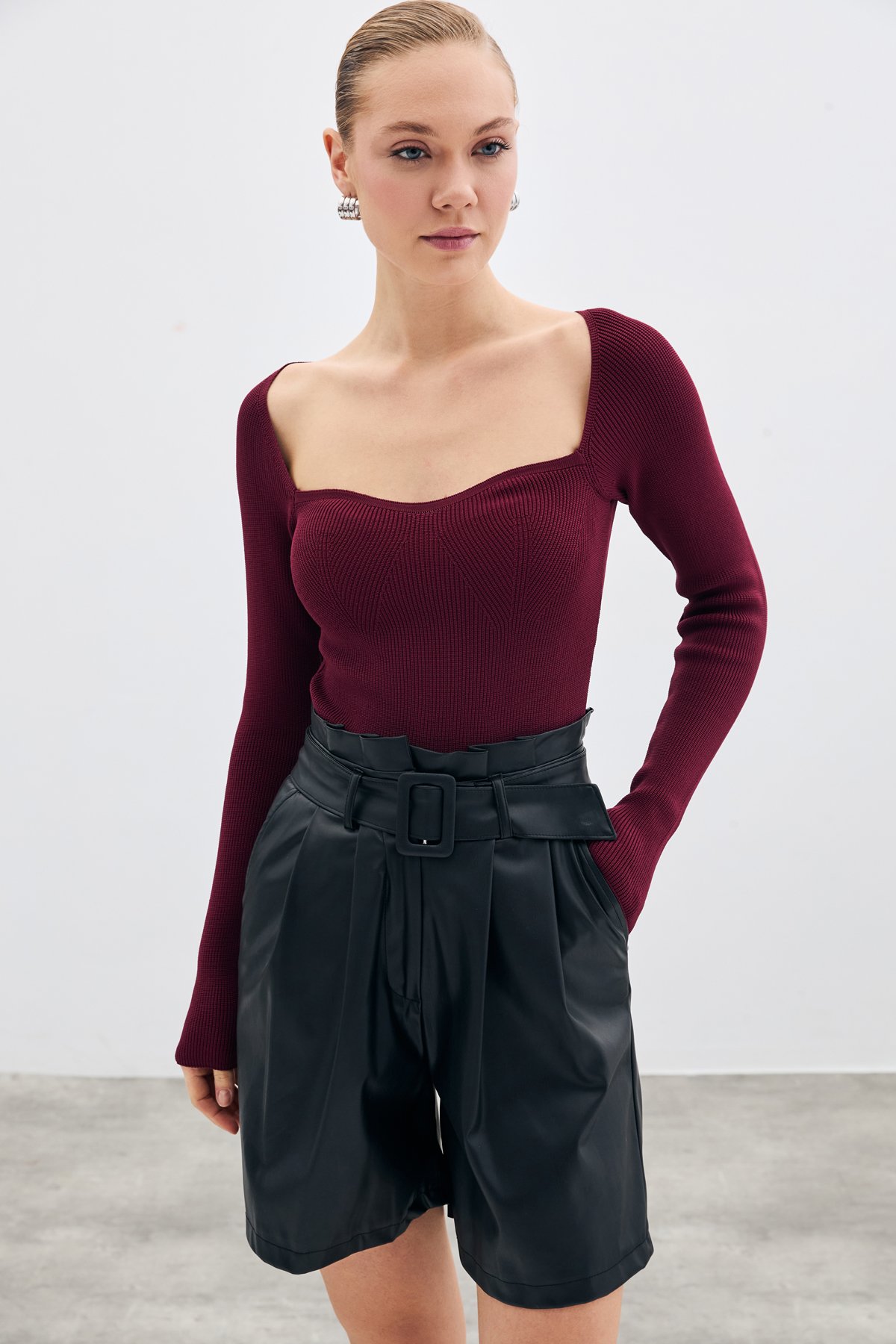 Kalp Yaka Triko Bluz - Bordo