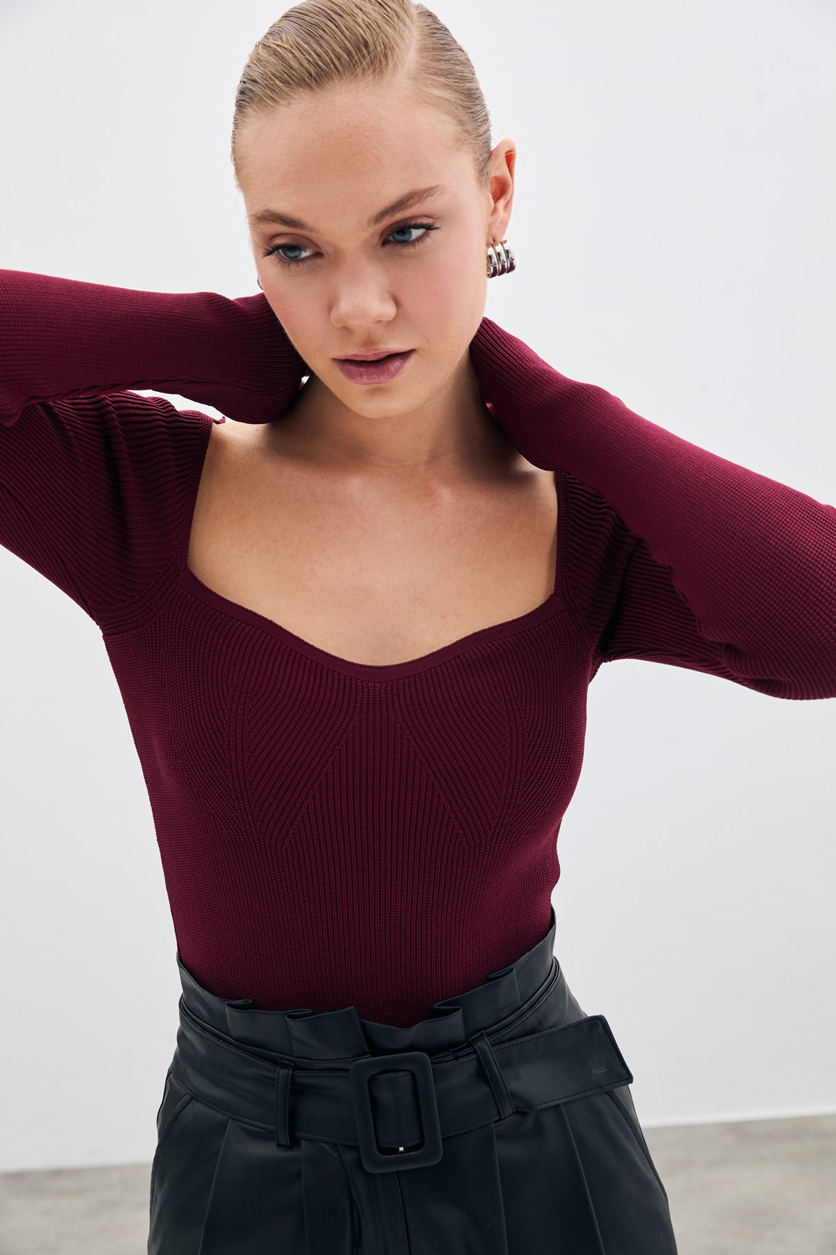 Kalp Yaka Triko Bluz - Bordo