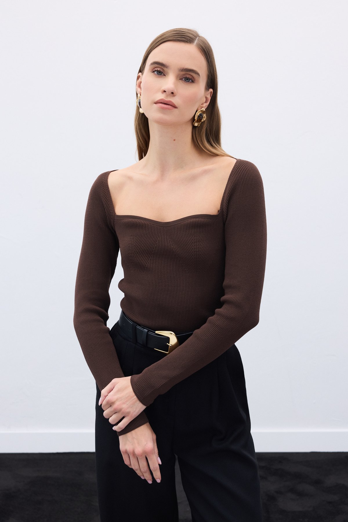 Kalp Yaka Triko Bluz - Kahve