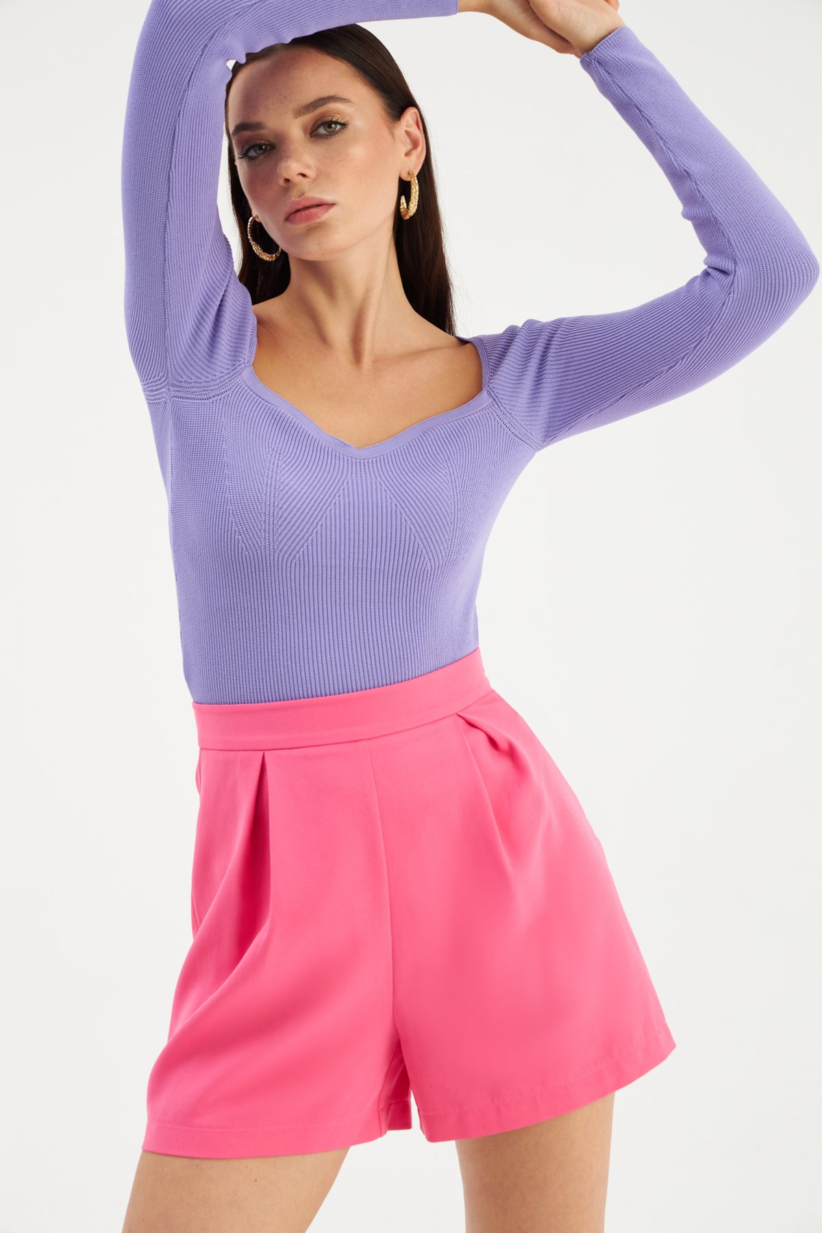 Kalp Yaka Triko Bluz - LİLA