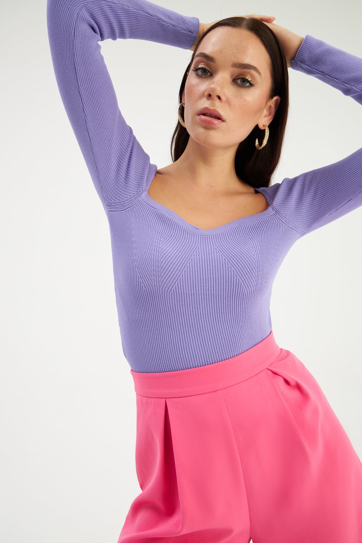 Kalp Yaka Triko Bluz - LİLA
