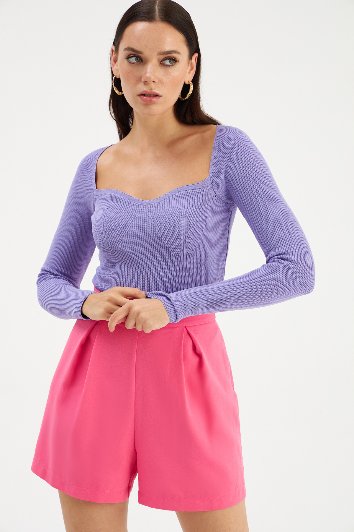 Kalp Yaka Triko Bluz - LİLA