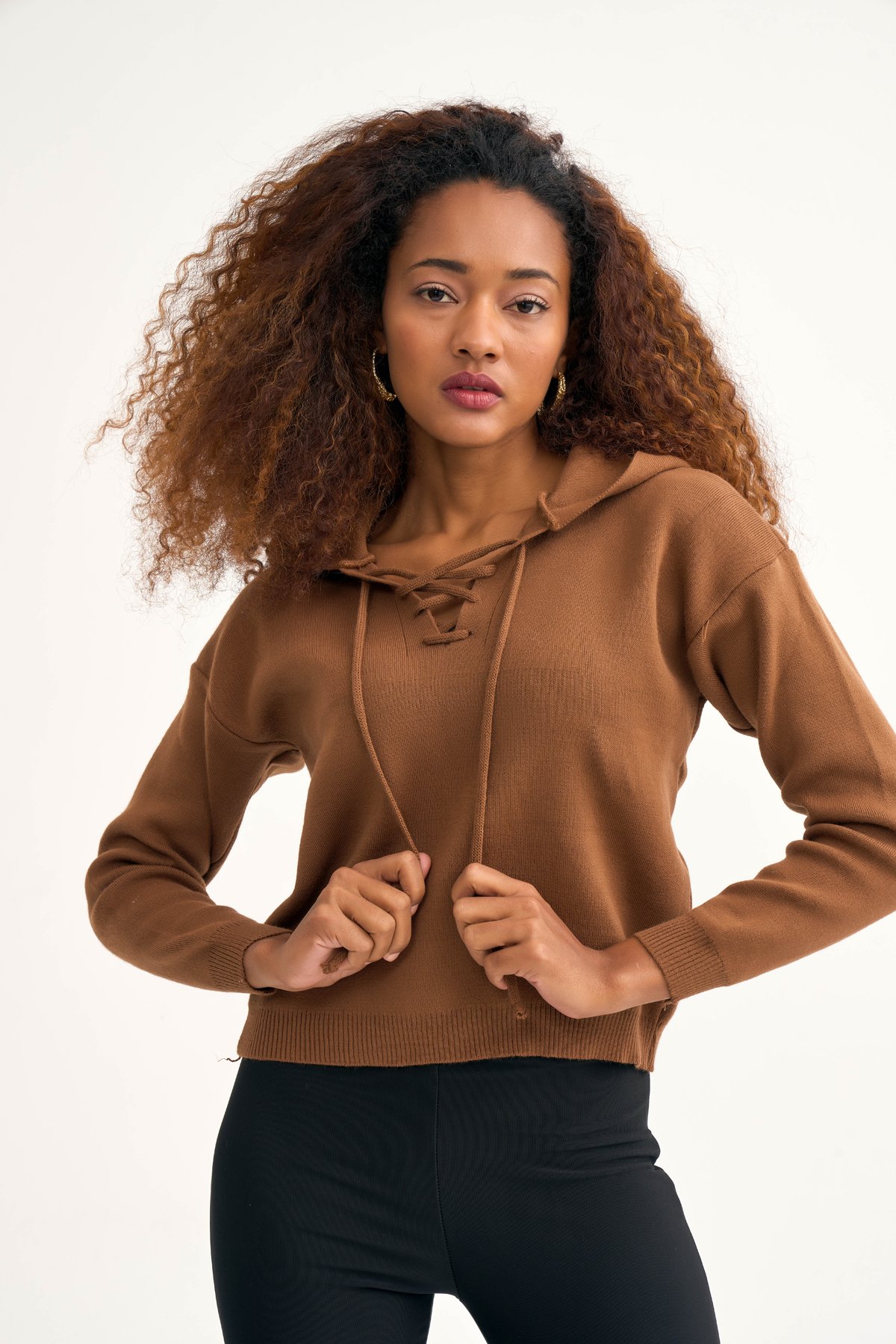 Kapüşonlu triko kazak - KAHVE