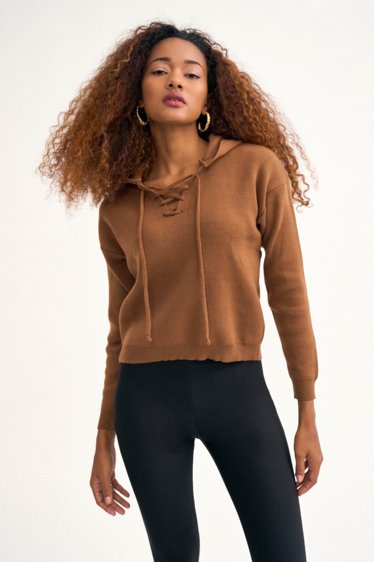 Kapüşonlu triko kazak - KAHVE