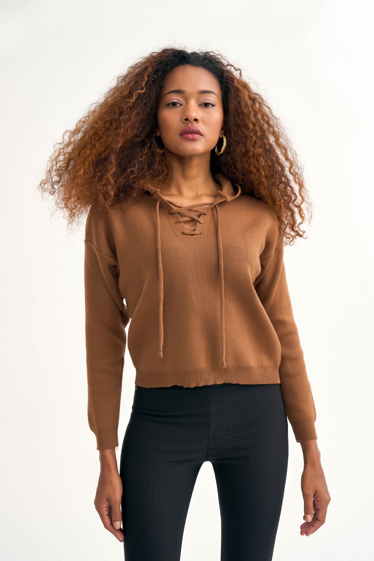 Kapüşonlu triko kazak - KAHVE