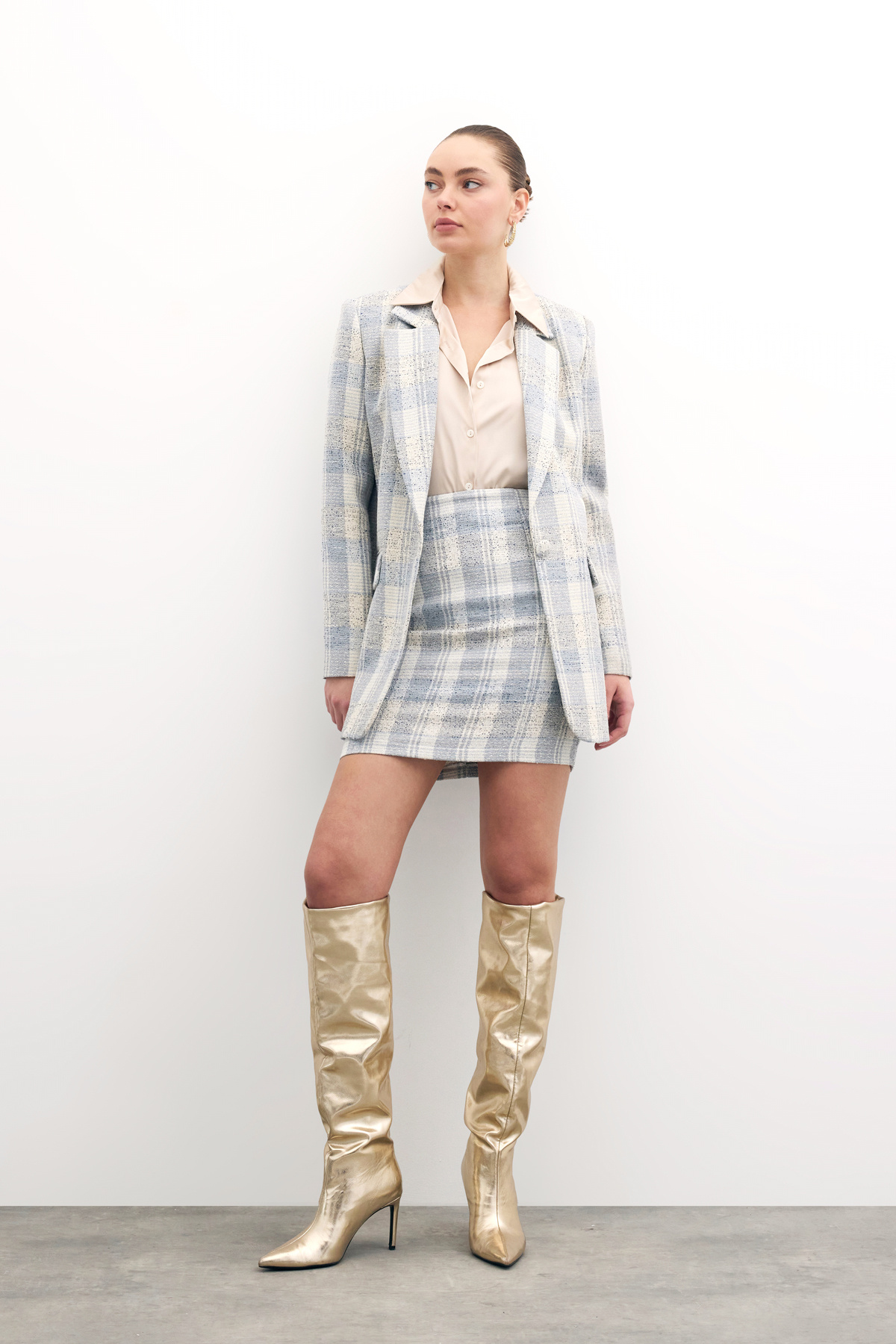 Kare Desen Mini Etek - Mavi