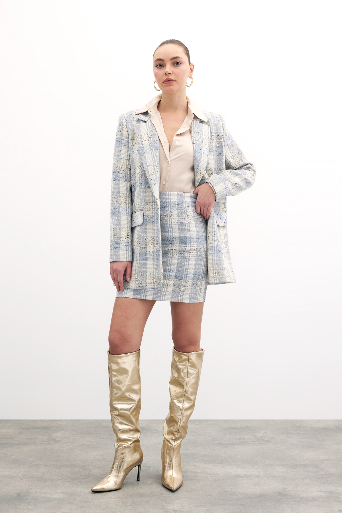 Kare Desen Mini Etek - Mavi