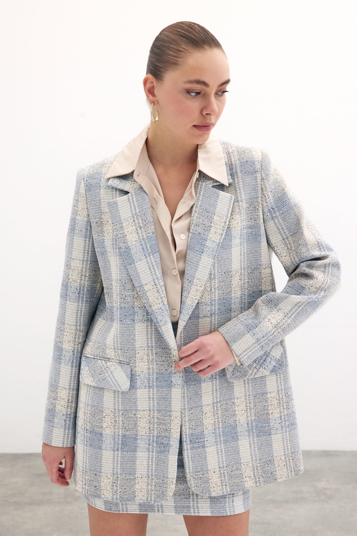 Kare Desen Uzun Ceket - Mavi