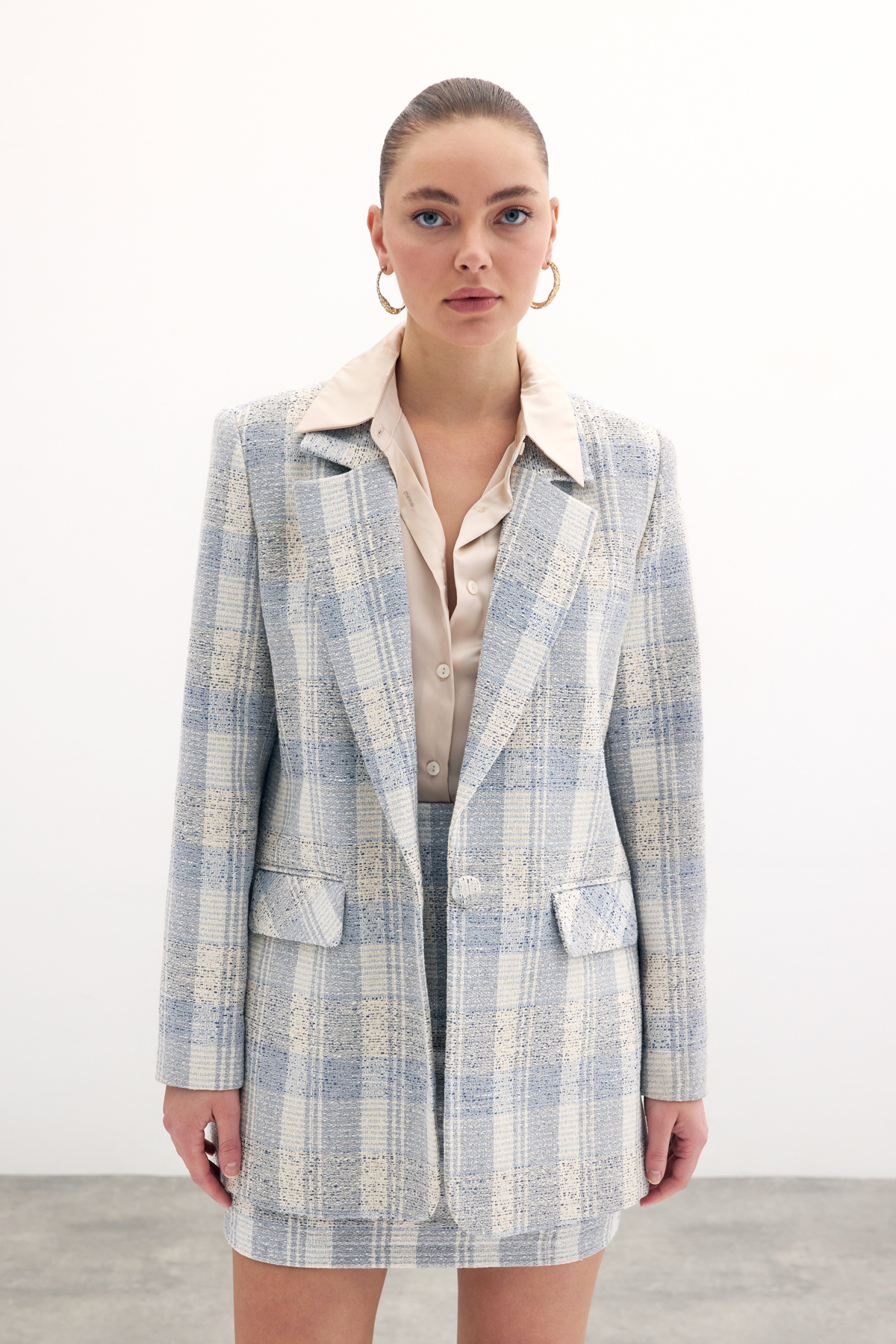 Kare Desen Uzun Ceket - Mavi