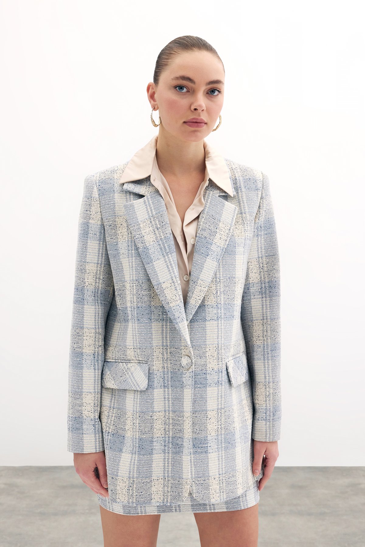 Kare Desen Uzun Ceket - Mavi