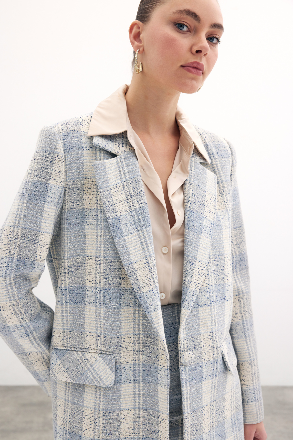 Kare Desen Uzun Ceket - Mavi